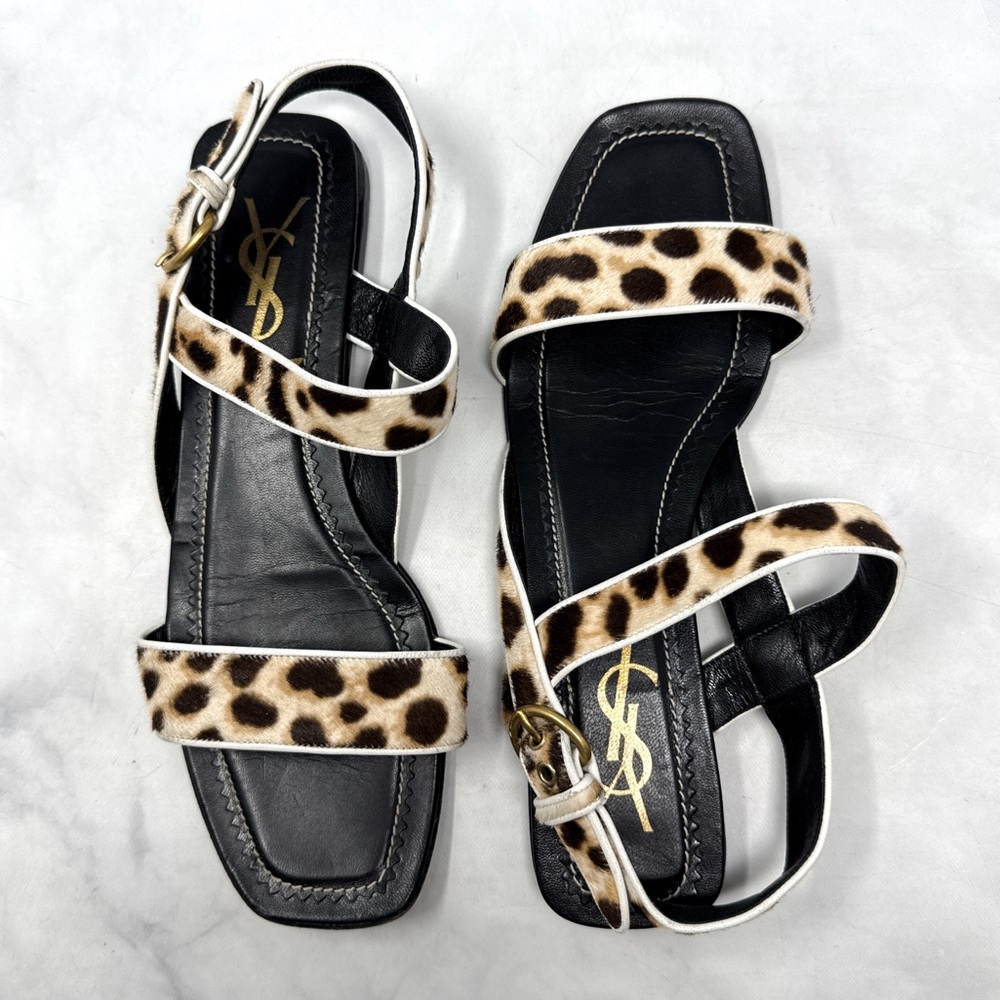 YSL Yves Saint Laurent Vintage Y2K Leopard Calf Hair Leather Flat Sandals Black